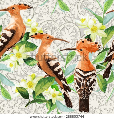 Seamless pattern with exotic birds, tropical leaves and white flowers. Vector background.