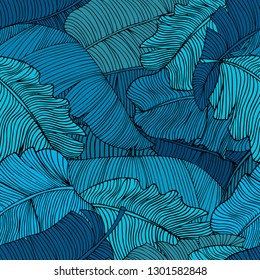 Seamless pattern of exotic, bright blue banana leaves closeup. Decorative image with tropical foliage. Vector illustration EPS10.