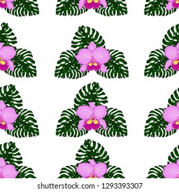 Seamless pattern of exotic, bright green monstera leaves and pink orchids, isolated on a transparent background. Decorative image with tropical foliage. Vector illustration.