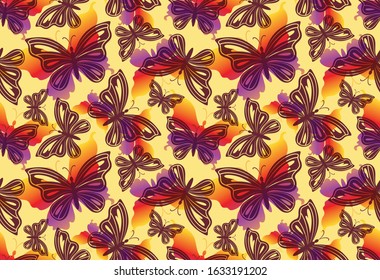 Seamless Pattern, Exotic Butterflies Colorful Silhouettes and Contours, Tile Background. Vector