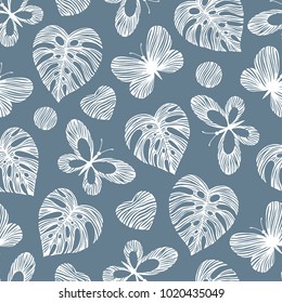 Seamless pattern with exotic butterflies and palm leaves.