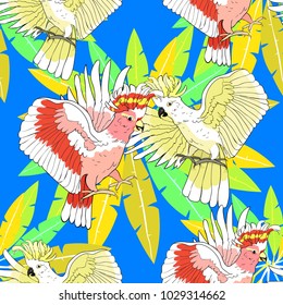 seamless pattern exotic  cockatoo parrot  Inca on palm tree vector illustration