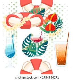Seamless pattern exotic cocktails in transparent glass with tropical flowers vector illustration on white background