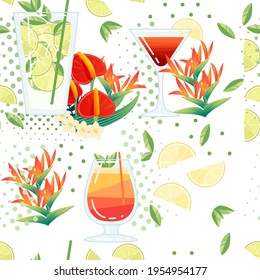 Seamless pattern exotic cocktails in transparent glass with tropical flowers vector illustration on white background