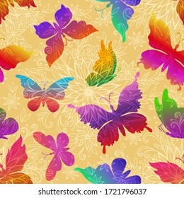 Seamless Pattern, Exotic Colorful Butterflies Silhouettes on Tile Background with Symbolic Flowers Contours. Vector