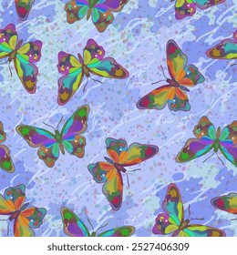 Seamless Pattern, Exotic Colorful Butterflies on Tile Background. Vector