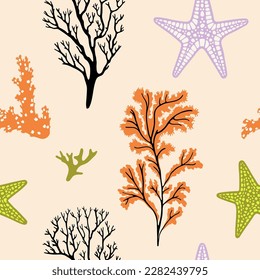 Seamless pattern exotic corals, plants and a starfish. Underwater and sea life concept. Hand draw vector illustration in trendy colors. For prints, textile and package design.