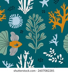 Seamless pattern exotic corals, plants and fish. Underwater and sea life concept. Hand draw vector illustration in trendy colors. For prints, textile and package design.