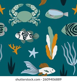 Seamless pattern exotic corals, plants fish and a crab. Underwater and sea life concept. Hand draw vector illustration in trendy colors. For prints, textile and package design.