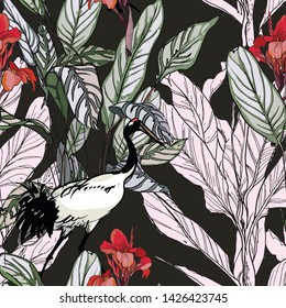 Seamless Pattern Exotic Crane Birds in Tropical Leaves and Red Hibiscus Flowers on Black Background Realistic Hand Drawn Botanical Print Outline Illustration Faded Colors