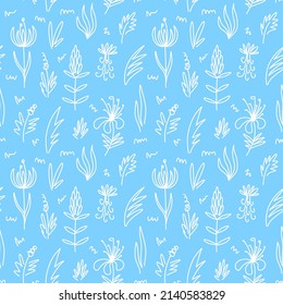 Seamless pattern with exotic different flowers and leaves in a linear style