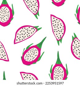 Seamless pattern with exotic dragon fruits. Cute vector summer background