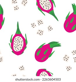 Seamless pattern with exotic dragon fruits. Cute vector summer background