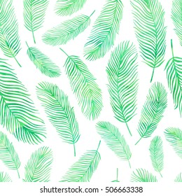 Seamless pattern with exotic feathers. Watercolor background.