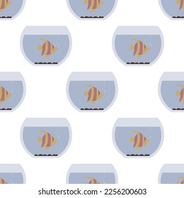 Seamless pattern with exotic fish in an aquarium. Small tropical fish in glass storage. Texture, wallpaper, simple decor. Flat vector illustration