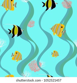 Seamless pattern with exotic fish on a blue background. For decorating textiles, packaging and wallpaper. Vector illustration.