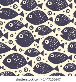 Seamless pattern with exotic fish on a white background. Monochrome image.