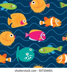 Seamless pattern with a exotic fish on the waves