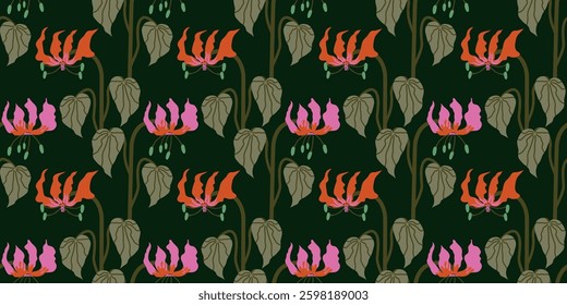 Seamless pattern with exotic Flame Lily on dark background. Tropical floral with elegant botanical flowers and leaves. Stylish vector illustration for fashion print, fabric, home decor, wrapping paper