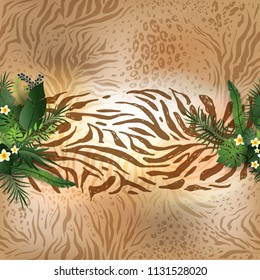 Seamless Pattern Exotic Floral Background. Tropical plants and animal skin texture. Cartoon Greenery Design for Invitation, Flyer, Poster or Card.