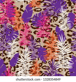 Seamless Pattern Exotic Floral Background. Tropical Flowers and Leaves on leopard skin print.