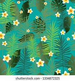 Seamless Pattern Exotic Floral Background. Tropical Flowers and Leaves Backdrop. Cartoon Greenery Design for Invitation, Flyer, Poster or Card.