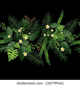 Fondo Floral Exótico De Patrón Sin Precedentes. Flores y hojas tropicales sobre fondo negro. Diseño transparente de borde oscuro y verde