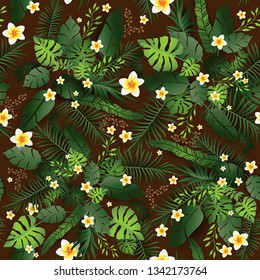 Seamless Pattern Exotic Floral Background. Tropical Flowers and Leaves on Dark Backdrop. Greenery Exotic print Seamless Design