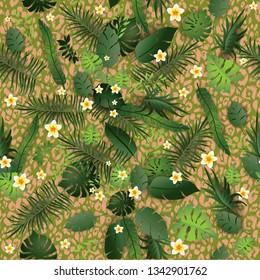 Seamless Pattern Exotic Floral Background. Tropical Flowers and Leaves on Animal Skin Backdrop. Greenery and Leopard print Seamless Design