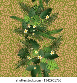 Seamless Pattern Exotic Floral Background. Tropical Flowers and Leaves on Animal Skin Backdrop. Greenery and Leopard print Seamless Design