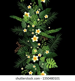Seamless Pattern Exotic Floral Background. Tropical Flowers and Leaves on Black Backdrop. Greenery Border print Seamless Design