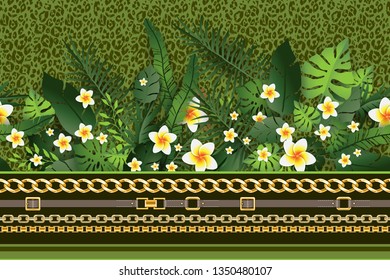 Seamless Pattern Exotic Floral Background. Tropical Flowers and Leaves on Green Backdrop. Greenery print Seamless Design