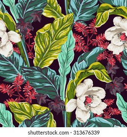 seamless pattern of exotic flower and leaves