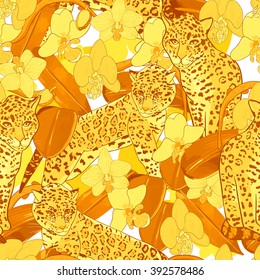 Seamless pattern of exotic flower orchid and jaguar.Tropical flowers and exotic animal seamless background