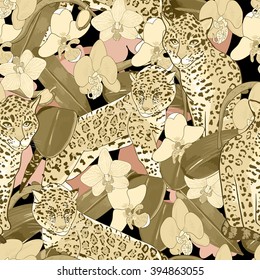 Seamless pattern of exotic flower orchid and jaguar.Tropical flowers and exotic animal seamless background