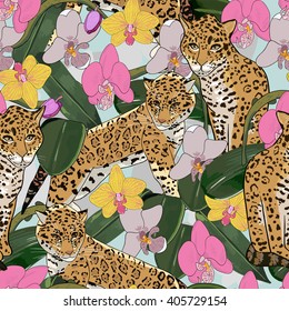 Seamless pattern of exotic flower orchid and jaguar.Tropical flowers and exotic animal seamless background