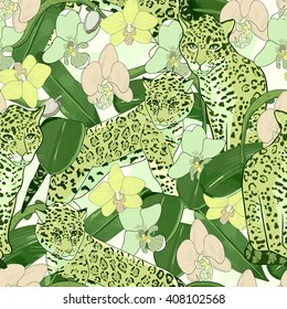 Seamless pattern of exotic flower orchid and jaguar.Tropical flowers and exotic animal seamless background