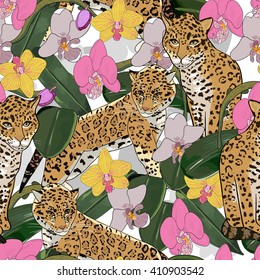 Seamless pattern of exotic flower orchid and jaguar.Tropical flowers and exotic animal seamless background