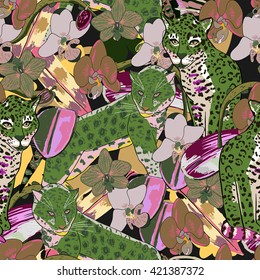 Seamless pattern of exotic flower orchid and jaguar.Tropical flowers and exotic animal seamless background