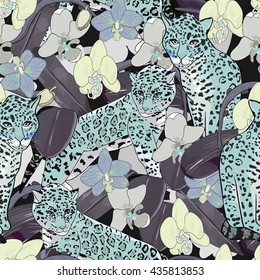 Seamless pattern of exotic flower orchid and jaguar.Tropical flowers and exotic animal seamless background