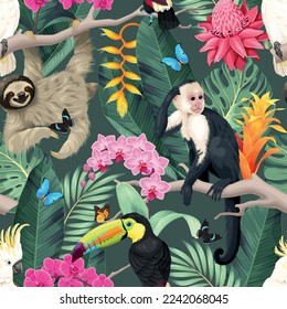 Seamless pattern with exotic flowers and animals