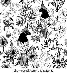 Seamless pattern with exotic flowers and birds. Graphic image of a red cardinal, monstera, azalea, mimosa, coconut and other