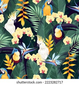 Seamless pattern with exotic flowers and birds