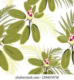 Seamless pattern, exotic flowers bud, tropical palm leaves on white background. 