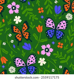 Seamless pattern with exotic flowers and butterflies. Vector graphics