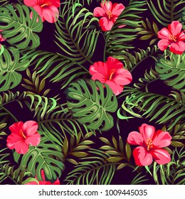Seamless pattern with exotic flowers and leaves. Tropical Plants 