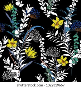 Seamless Pattern exotic flowers and leaves, line hand drawn style  Isolated on black color. Botanical  Floral Decoration Texture. unfinish Style Design for Fabric Print, Wallpaper Background.