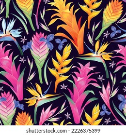 Seamless pattern with exotic flowers and leaves