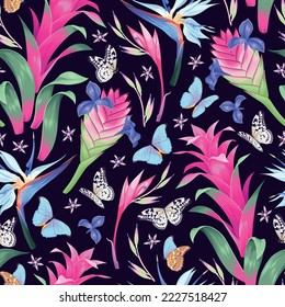 Seamless pattern with exotic flowers and leaves