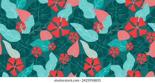 Seamless pattern with exotic flowers, leaves, monstera, abstract shapes. Vector graphics.